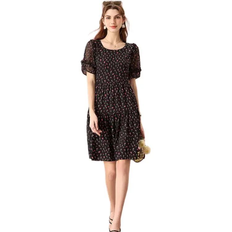 FENHONGMALI Short Sleeved Dress Women's Black-5