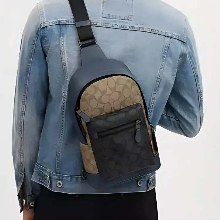COACH West Leather Paneled Canvas Bag Fanny Pack Men's Charcoal Gray & Khaki & Denim-3