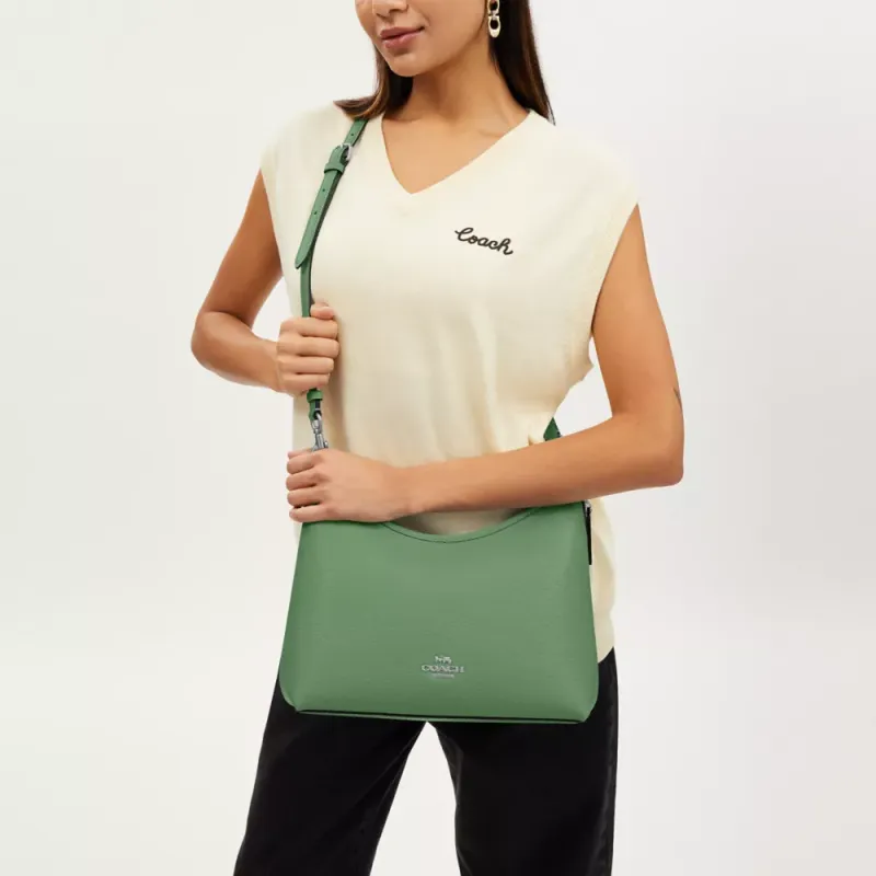 COACH Pebbled Leather Portable Crossbody Bag Shoulder Bag Large Size Women's Silver & Light Green-4