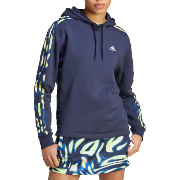 Adidas Vibrant Print 3-Stripes Hoodie Sweatshirt Women's Navy Blue-3