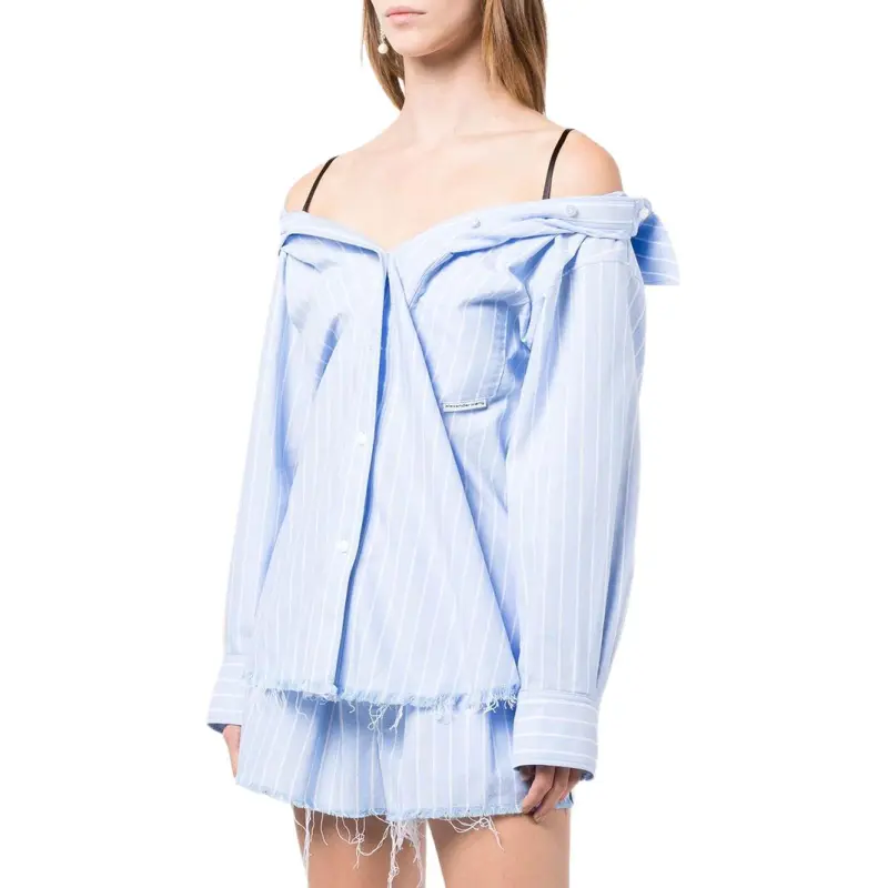 T By Alexander Wang Off Shoulder Boyfriend Charm Bra Strap Shirt Oxford Blue/White-3