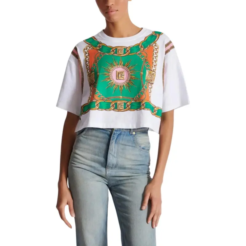 BALMAIN Foulard print Cropped T shirt-1