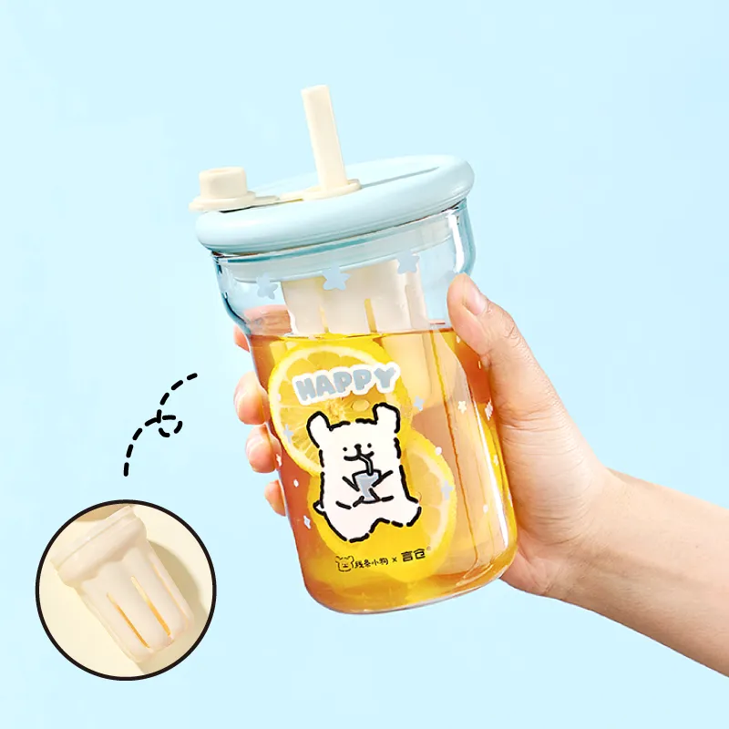 YANCANG x Line Puppies Cartoon Style Summer Practical Water Cup Glass Straw Cup Handheld Fan Ice Mat Set-1