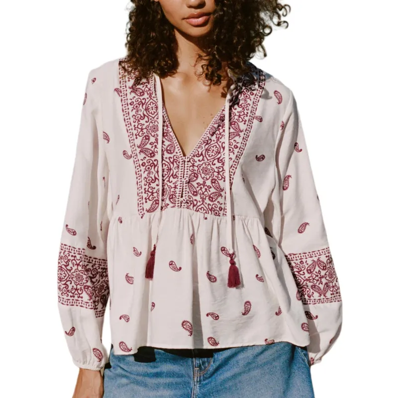 ZARA Shirt Women's Crimson Red/Light Beige Yellow-2