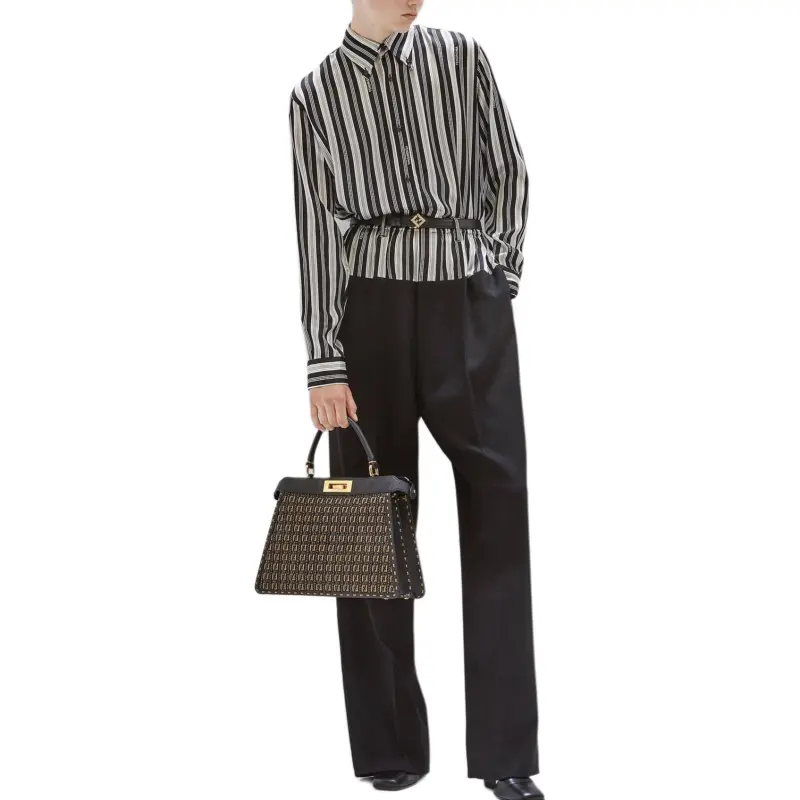 FENDI Striped Collared Long Sleeve Shirt-4