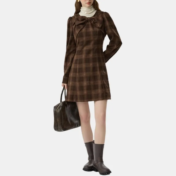 FANSILANEN Bowknot Vintage Plaid Long Sleeved Dress Women's Brown Plaid-3