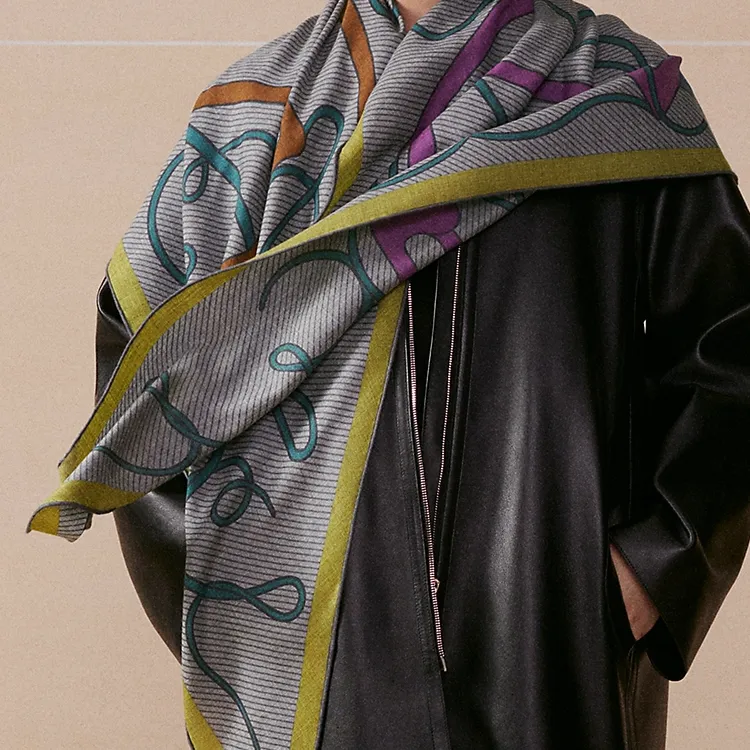 HERMES Cashmere Knit Scarves Unisex Mixed Gray/Green-2