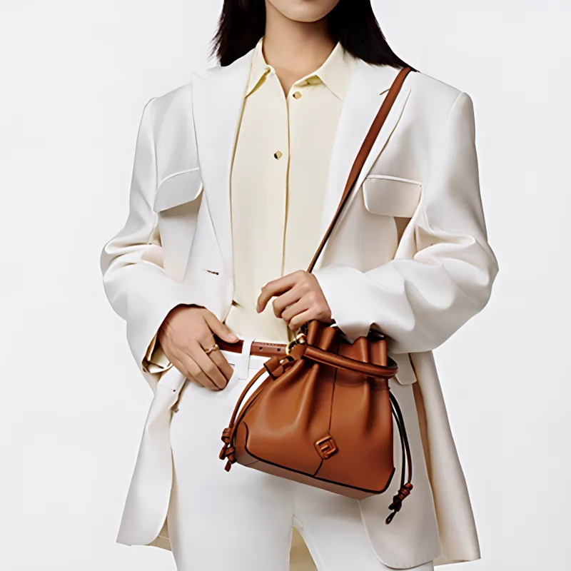FION Cow Leather Bucket Bag, Shoulder Bag, Crossbody Bag, Handbag Medium Size Women's Caramel Brown-3