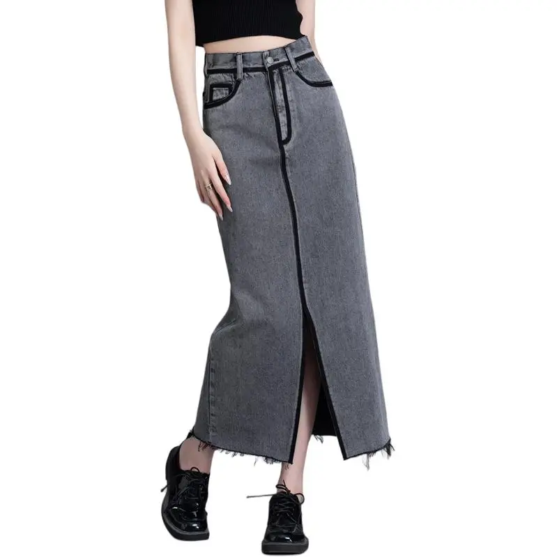 You Cow Me Pants Denim Long Skirts Women's Gray-4
