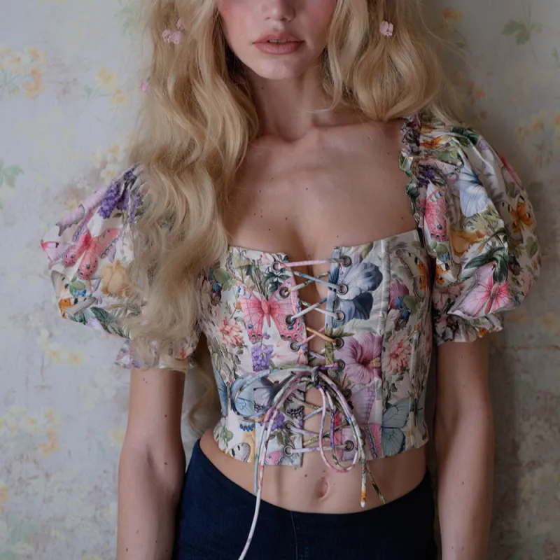Selkie Collection T Shirt Women's Apricot With Floral And Butterfly Herbal Print-3