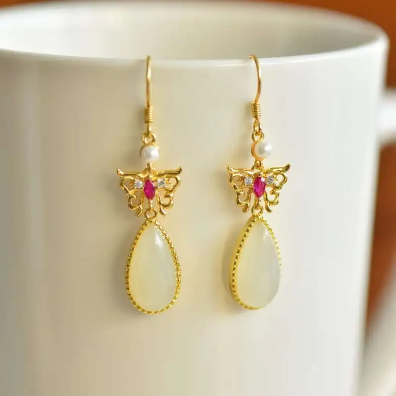 Gifts Hetian Jade Earrings Pale Greenish White Jade Unisex-6