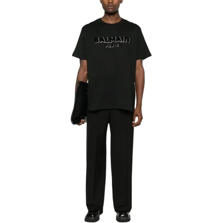 BALMAIN Logo Flock Crewneck T Shirt-2