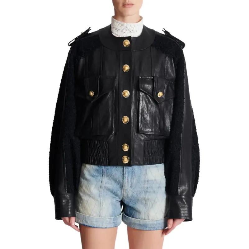 BALMAIN Tweed panel Leather Bomber Jacket-1
