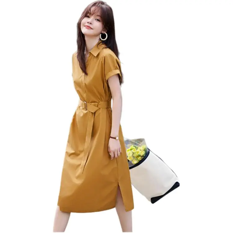 Mo Han Yi Mei Short Sleeved Dress Women's Earthy Brown Yellow-1