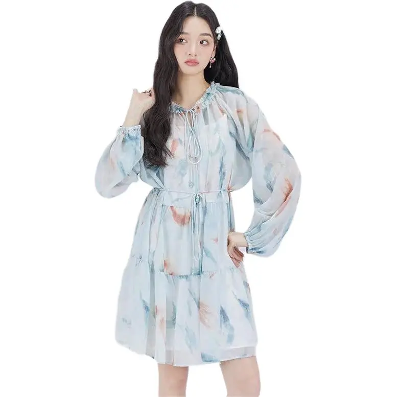 DEAR DEER PUFF Long Sleeved Dress Women's Blue Cropped-3