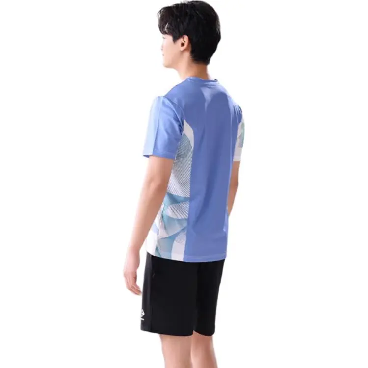KUMPOO Casual Sportswear Men Clothing Set Blue Green Geometric Line Top+Black Shorts-2