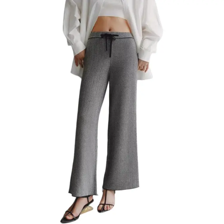 YANGZHIDAO Casual Pants Women's Black White Herringbone-2