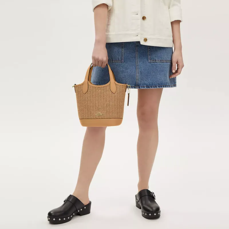 COACH Hanna Straw With Smooth Leather Bucket Bags Shoulder Bag Crossbody Bag Small Size Women's Multi-Latte-4