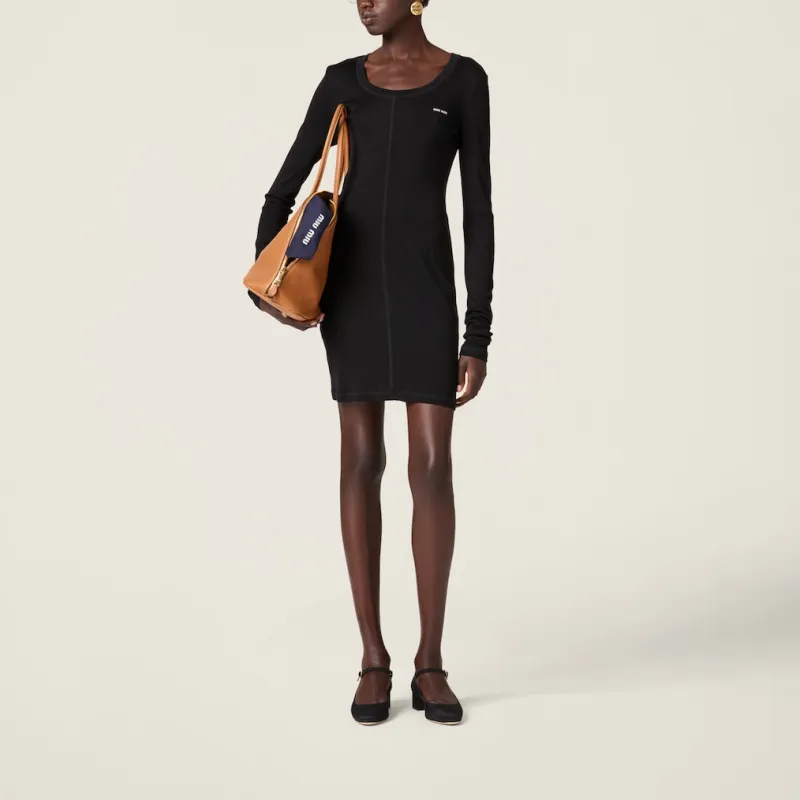 MIU MIU Logo Patch Long Sleeved Mini Dress-1