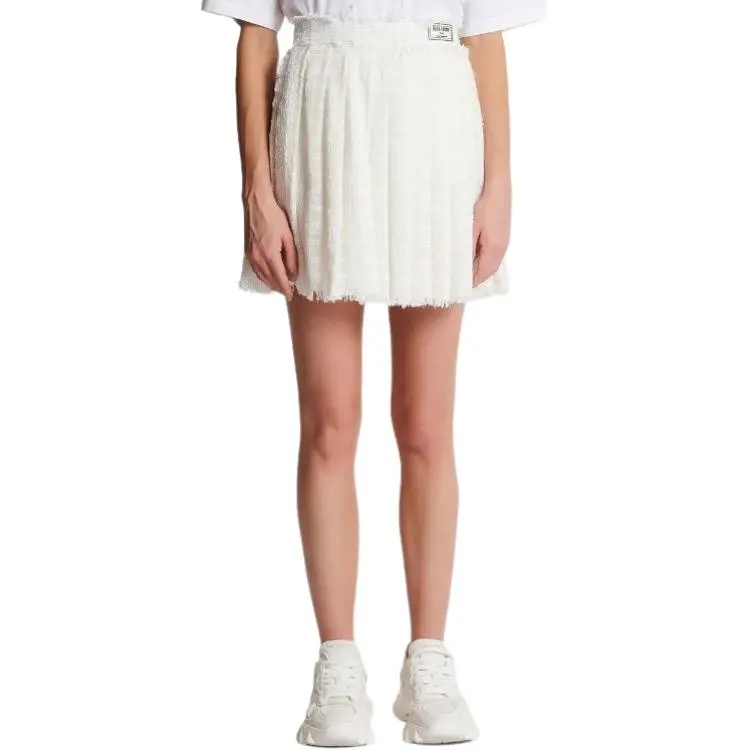 BALMAIN Logo Patch Pleated Tweed Mini Skirt-2