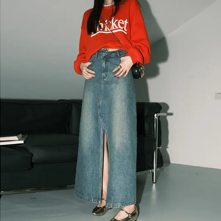YUMOMO STAR Denim Long Skirts Women's Denim Blue-1