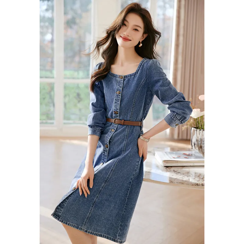 Mo Han Yi Mei Long Sleeved Dress Women's Denim Blue-7