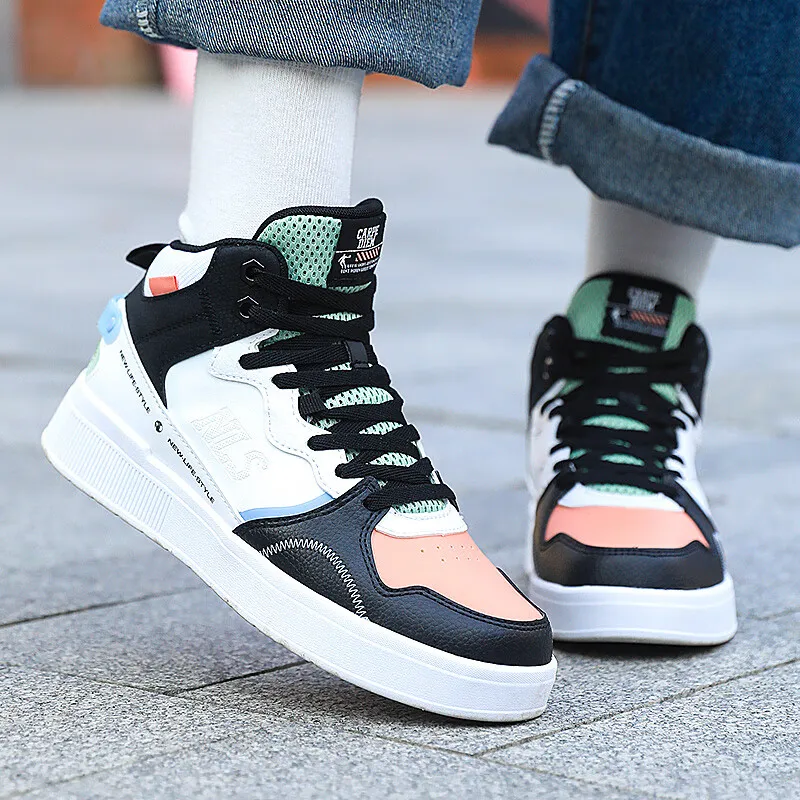 QIAODAN Slip Resistant Cushioning High Top Skateboard Shoes Women's Black Pink-4