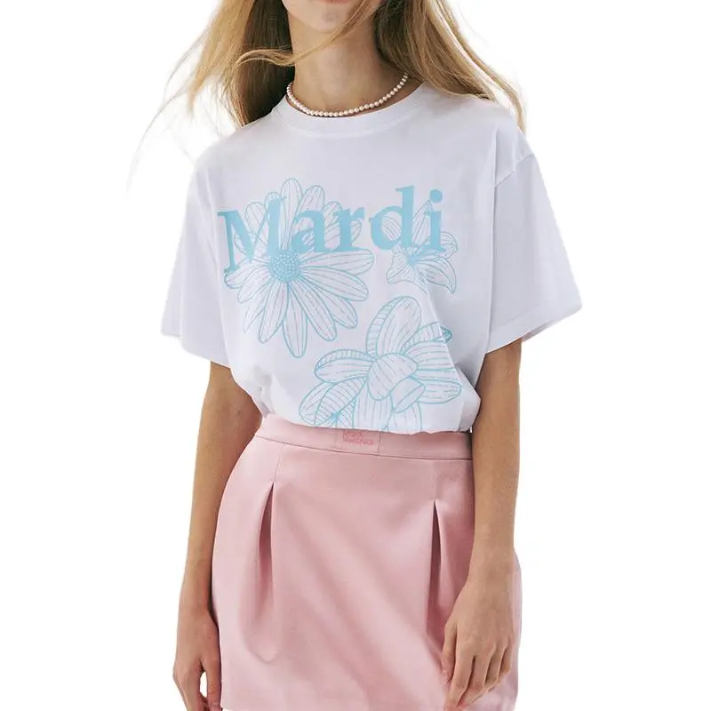 MARDI MERCREDI Three Flowers Collection SS25 T Shirt Women's White/Sky Blue Korean Style-2