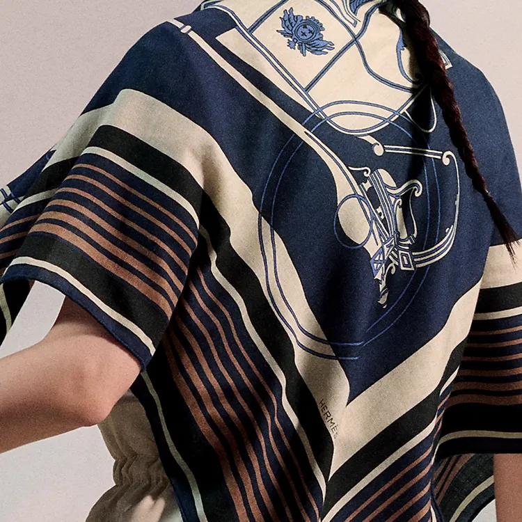 HERMES Cashmere Knit Scarves Women's Navy Blue/Natural Color/Leather Color-2