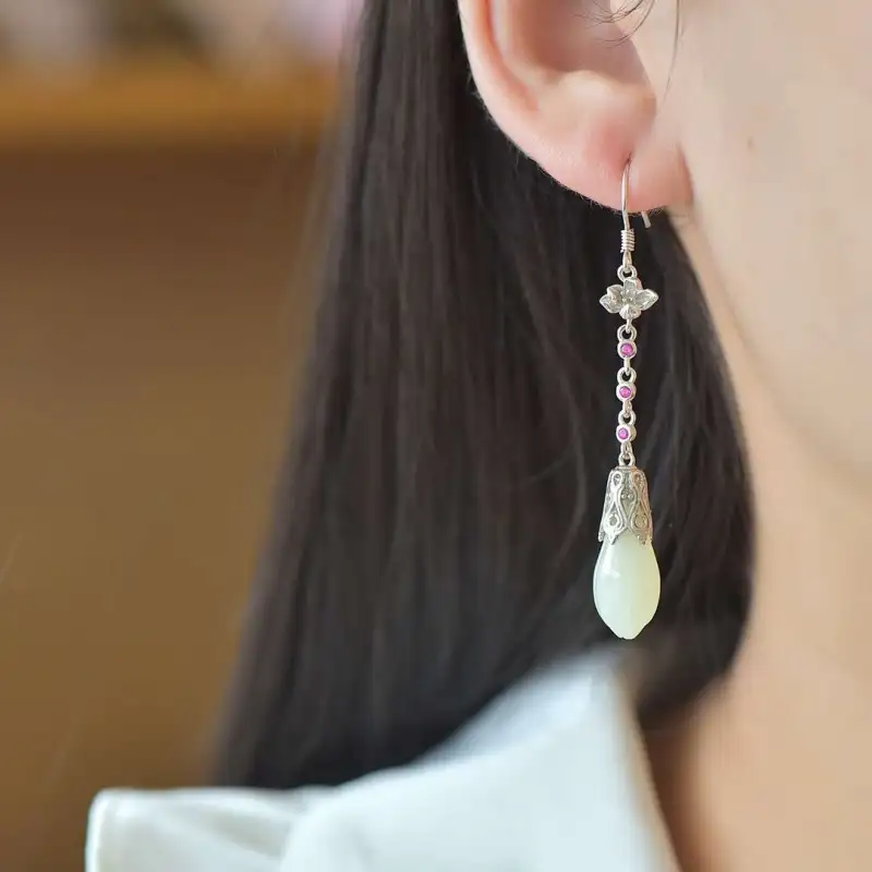JUNWEN Hetian Jade Earrings Pale Greenish White Jade Women's-6