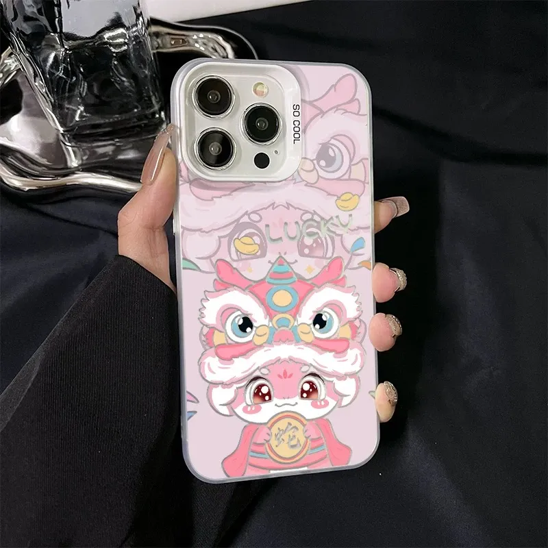 Wei Xin Acrylic Material Lion Head Mask Pink Snake Phone Cases Compatible With IPhone 16/15 Pro Max/Apple 13/14 Pro/Max-3