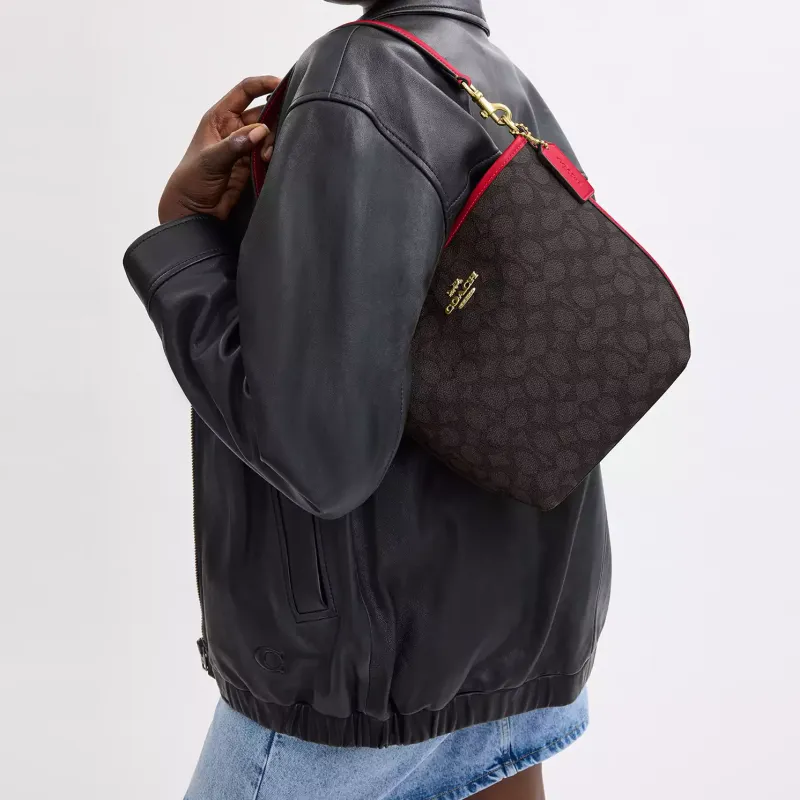 COACH City Coated Canvas Bucket Bag Portable Crossbody Bag Shoulder Bag Small Size Women's Black & Red-4