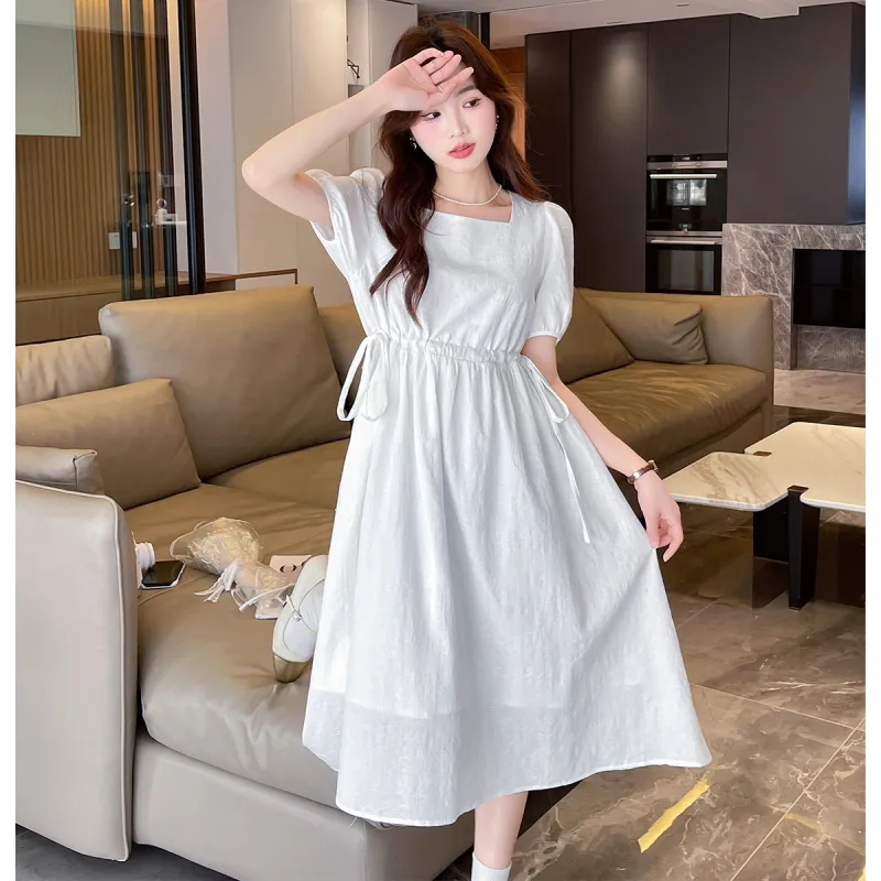 Tonlion Short Sleeved Dresses Women's Raw White-4