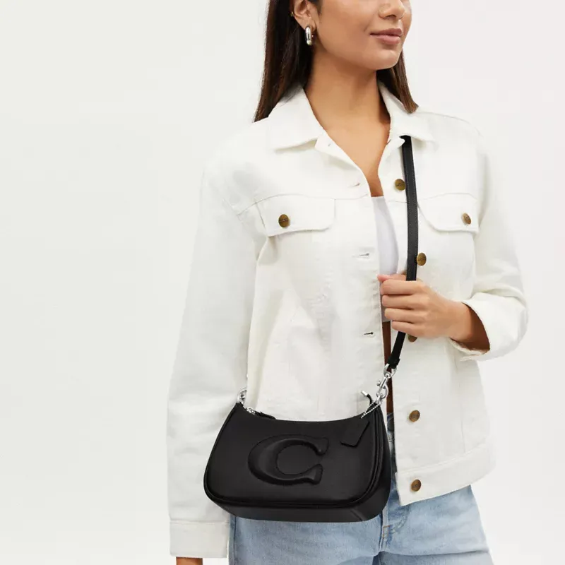 COACH Teri Smooth Leather Portable Crossbody Bag Shoulder Bag Medium Size Women's Silver & Black-4