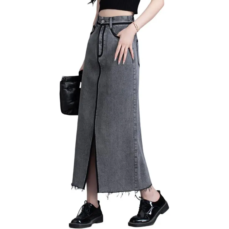 You Cow Me Pants Denim Long Skirts Women's Gray-7