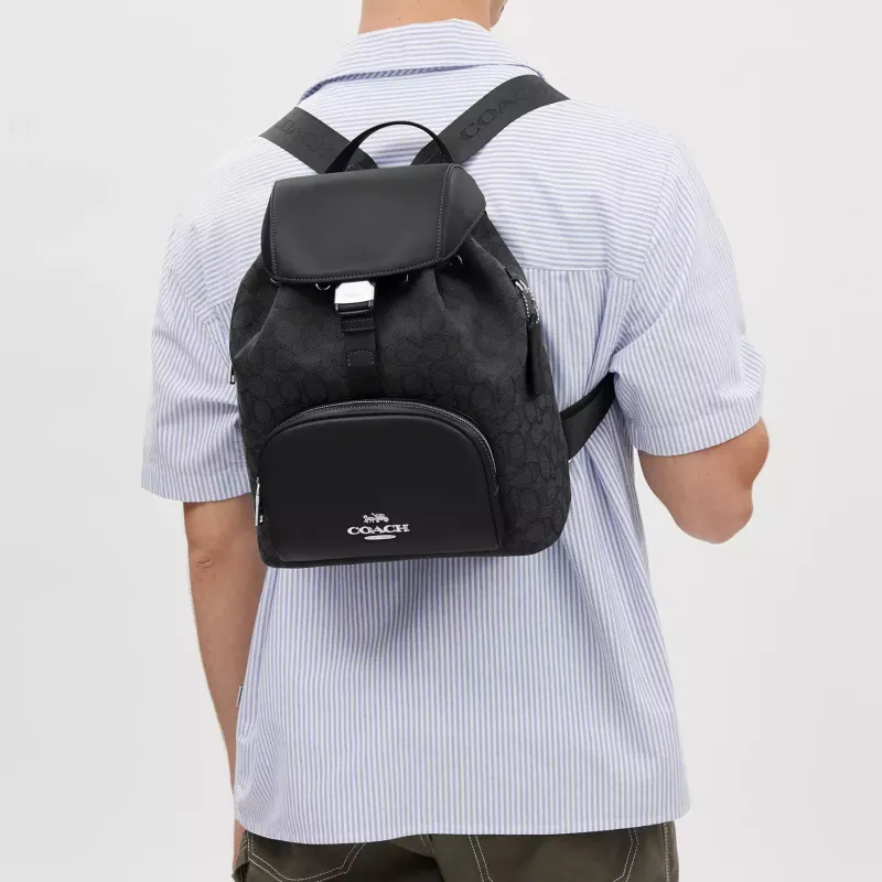 COACH Jacquard With Calfskin Backpack Tubas Women's Black & Silver-5