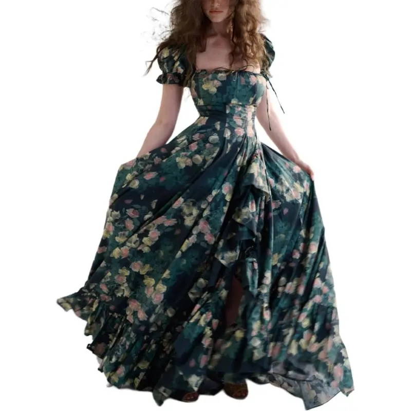 Selkie Collection SS25 Short Sleeved Dress Women's Dark Green With Crying Rose Print-3