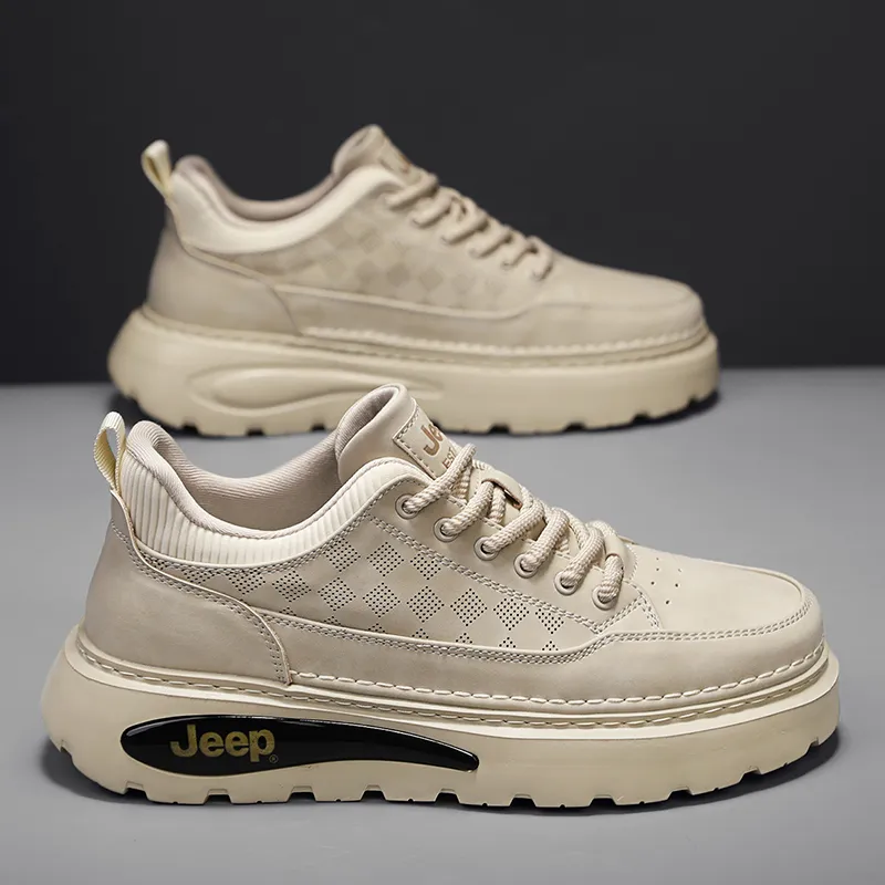 Jeep Mesh Hole Breathable Anti Slip And Wear Resistant Height Increasing Low Top Casual Shoes Men's Sand-12