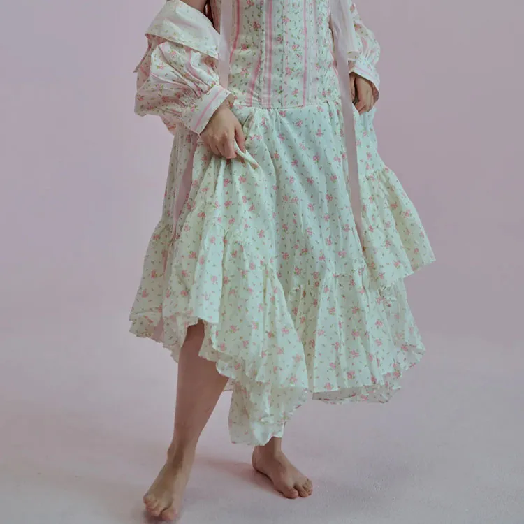 Selkie Collection SS25 Casual Long Skirts Women's White Base With Small Rose Floral Print-3