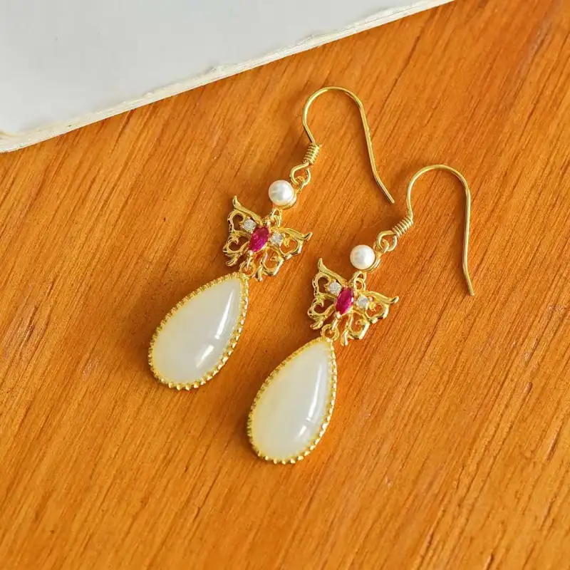 Gifts Hetian Jade Earrings Pale Greenish White Jade Unisex-2