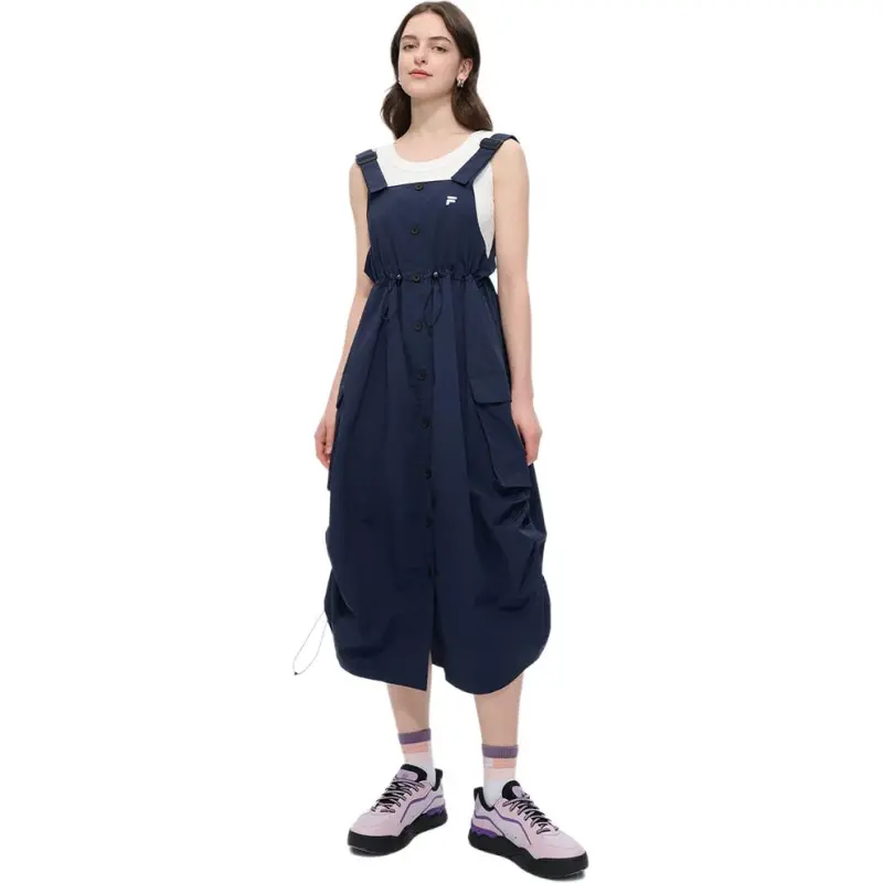 FILA FUSION FOB Series SS25 Slip Dresses Women's Pitch Black Navy Blue DB-1