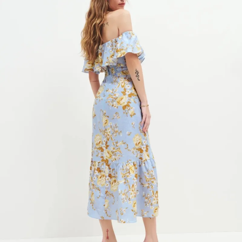REFORMATION Baela Linen Dress Short-Sleeved Dresses Women's Blue-2