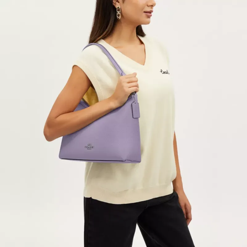 COACH Pebbled Leather Portable Crossbody Bag Shoulder Bag Large Size Women's Gold & Light Purple-4