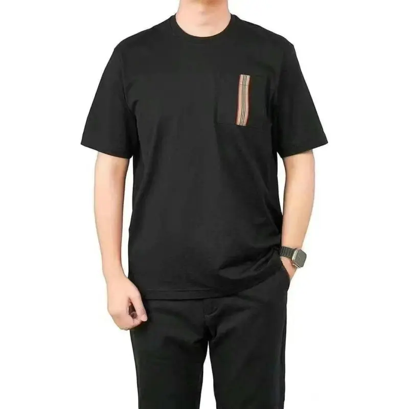 Burberry Stripe Trim Pocket Cotton T shirt-9