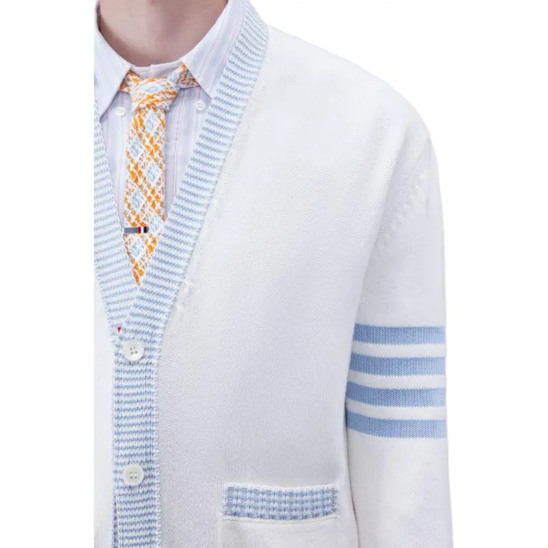 THOM BROWNE· Cotton 4 Bar V Neck Hector Cardigan Knitwear Men's White-6