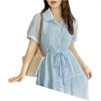 DAMABAIFENBAI Tencel Short Sleeved Dress Women's Blue