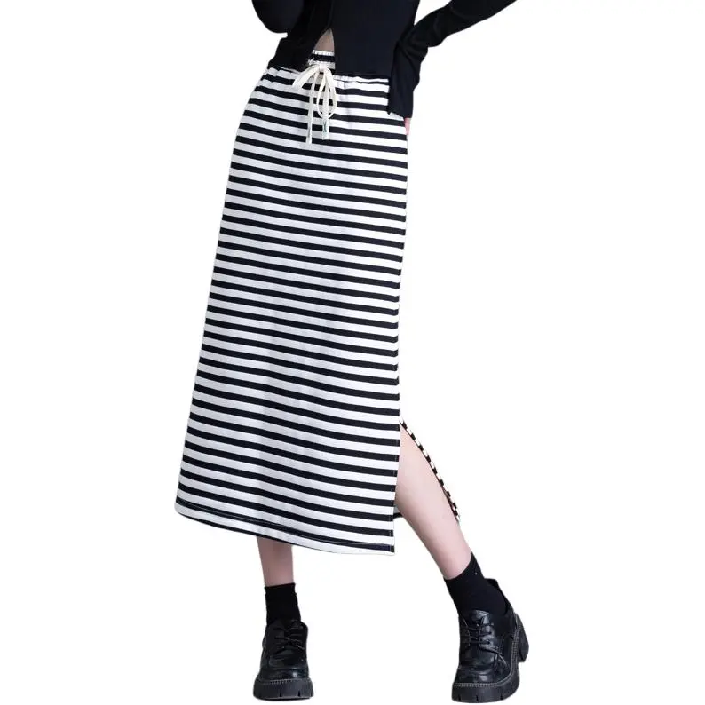 You Cow Me Pants Casual Long Skirts Women's Black White Stripes-9