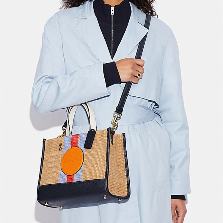 COACH Dempsey Straw And Refined Pebbled Leather Tote Bag Shopping Bag Handbag Large Size Color & Blue & Red-4
