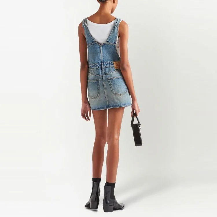 PRADA Logo plaque Denim Bib Dress-2