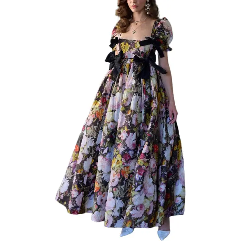 Selkie Short Sleeved Dresses Women's Black Sole With Floral Print-3